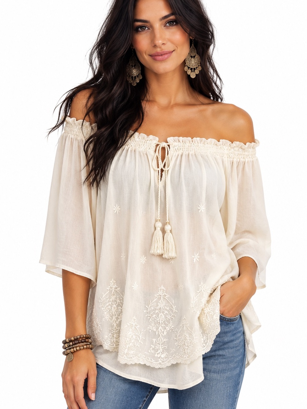 Cream Embroidered Off-Shoulder Boho Peasant Top